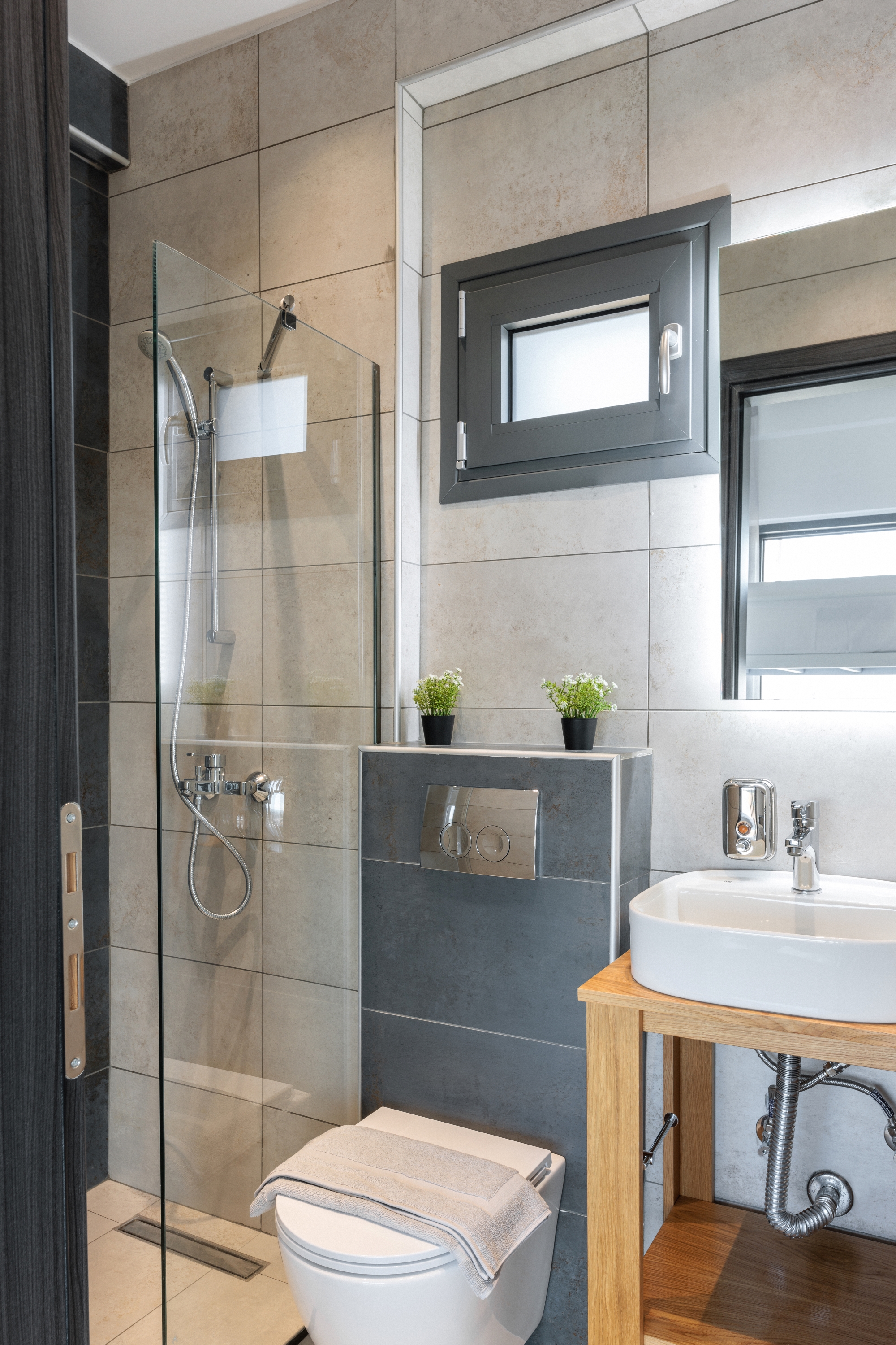 a bathroom with a glass shower